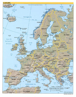 Подробная политическая и рельефная карта Европы.
