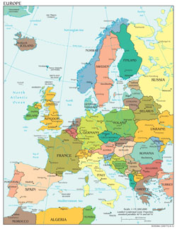 Большая подробная политическая карта Европы со всеми столицами.