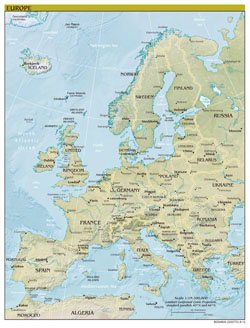 Большая подробная политическая карта Европы с рельефом и всеми столицами.