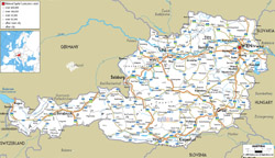 Детальная автодорожная карта Австрии с городами и аэропортами.
