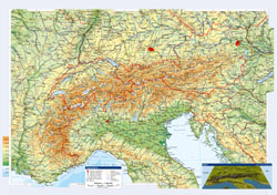 Большая топографическая карта с городами и дорогами Австрии и соседних стран.