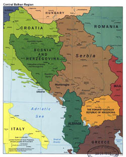 Детальная политическая карта центральных Балкан с крупными городами - 1998.