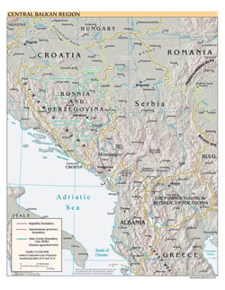 Подробная политическая карта Центрально-Балканского региона с рельефом и крупными городами - 1999.