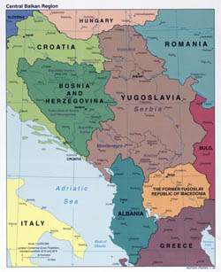 Большая подрорбная политическая карта Центрально-Балканского региона с крупными городами - 2000.