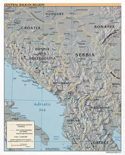 Большая детальная политическая карта Центрально-Балканского региона с рельефом и крупными городами - 2007.