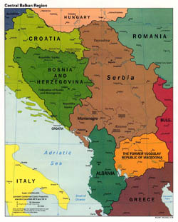 Большая политическая карта центральных Балкан с городами - 1998.