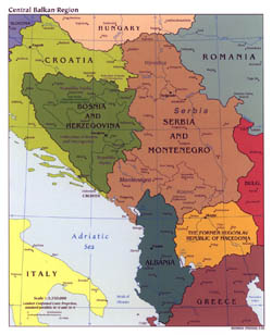 Большая политическая карта Центрально-Балканского региона с крупными городами - 2003.