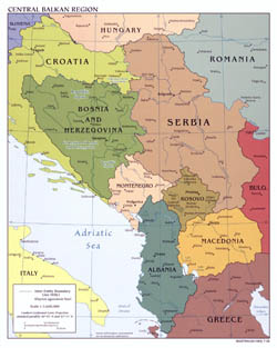 Большая политическая карта Центрально-Балканского региона с крупными городами - 2008.
