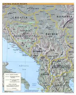 Большая политическая карта Центрально-Балканского региона с рельефом и городами - 2000.