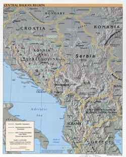 Большая политическая карта Центрально-Балканского региона с рельефом и крупными городами - 2000.