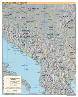 Большая политическая карта центральных Балкан с рельефом и крупными городами - 2007.
