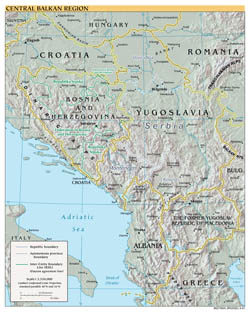 Крупномасштабная политическая карта центральных Балкан с рельефом - 2001.