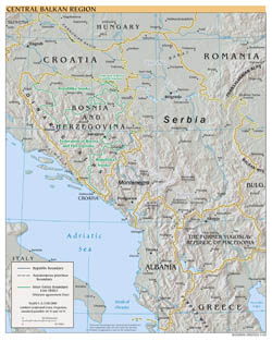 Крупномасштабная политическая карта Центрально-Балканского региона с рельефом крупными городами - 2000.