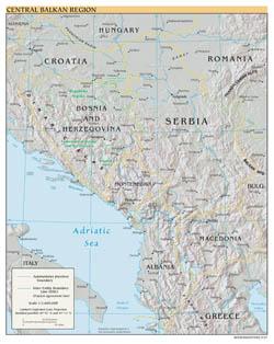 Крупномасштабная политическая карта Центрально-Балканского региона с рельефом крупными городами - 2007.