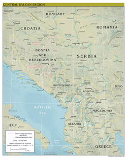 Крупномасштабная политическая карта Центрально-Балканского региона с рельефом, основными дорогами и крупными городами - 2009.
