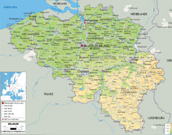 Детальная физическая карта Бельгии с дорогами, городами и аэропортами.
