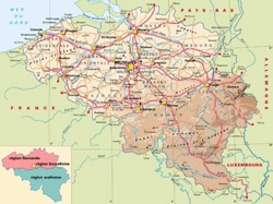 Физическая карта Бельгии с дорогами, городами и аэропортами.