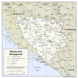 Политическая и административная карта Боснии и Герцеговины с городами и дорогами.