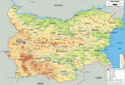 Детальная физическая карта Болгарии с дорогами и городами.