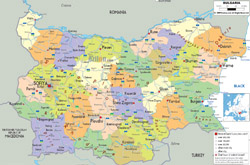 Детальная политико-административная карта Болгарии с дорогами и городами.