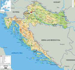 Подробная физическая карта Хорватии с дорогами, городами и аэропортами.