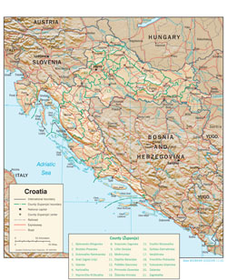 Подробная политико-административная карта Хорватии с рельефом, дорогами и городами.