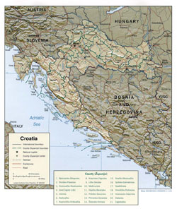Детальная политико-административная карта Хорватии с рельефом.