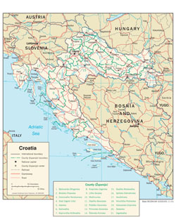 Подробная политическая и административная карта Хорватии с дорогами и городами.