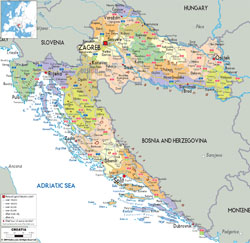 Детальная политическая и административная карта Хорватии с дорогами и городами и аэропортами.