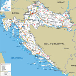 Подробная карта автомобильных дорог Хорватии с городами и аэропортами.