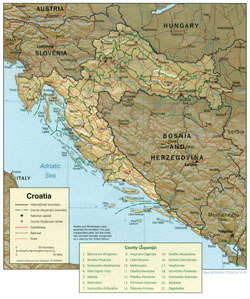 Политико-административная карта Хорватии с рельефом.
