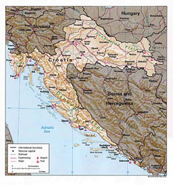 Политическая карта Хорватии с рельефом.