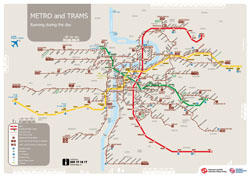 Большая детальная карта линий метро и трамвая Праги.