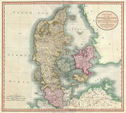Детальная старая карта Дании с городами 1801 года.