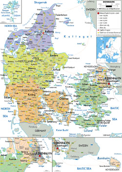 Детальная политико-административная карта Дании с дорогами, городами и аэропортами.