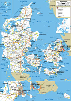 Детальная автодорожная карта Дании с городами и аэропортами.