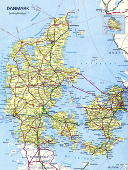 Детальная карта автомобильных дорог Дании с городами.