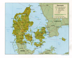 Политико-административная карта Дании с рельефом.