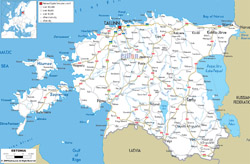 Подробная карта автомобильных дорог Эстонии с городами и аэропортами.