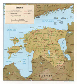 Политико-административная карта Эстонии с рельефом.