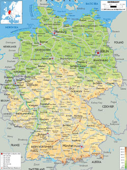 Детальная физическая карта Германии с городами, дорогами и аэропортами.