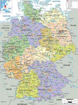 Детальная политическая и административная карта Германии с городами, дорогами и аэропортами.