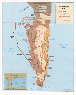 Детальная политическая карта Гибралтара с рельефом.