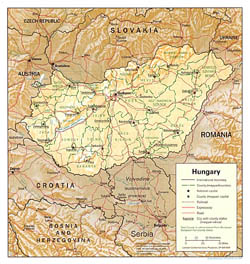 Политическая и административная карта Венгрии с рельефом.