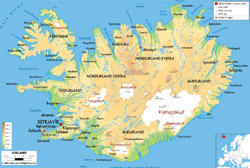 Подробная физическая карта Исландии с дорогами, городами и аэропортами.