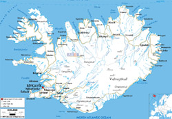 Детальная карта автодорог Исландии с городами и аэропортами.