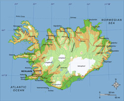 Карта высот Исландии с дорогами.