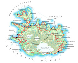 Карта автомобильных дорог Исландии с городами.