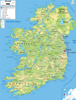 Подробная физическая карта Ирландии с городами, дорогами и аэропортами.