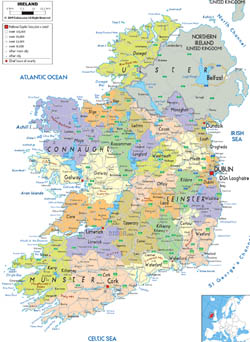 Подробная политико-административная карта Ирландии с городами, дорогами и аэропортами.